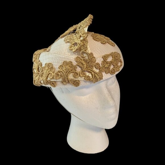 Vintage ROC Round Gold Cream White Hat Church Evening Cocktail Tea Party Event